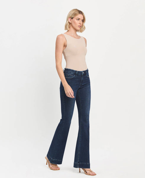 MID RISE DARK WASH FULL LENGTH FLARE JEANS