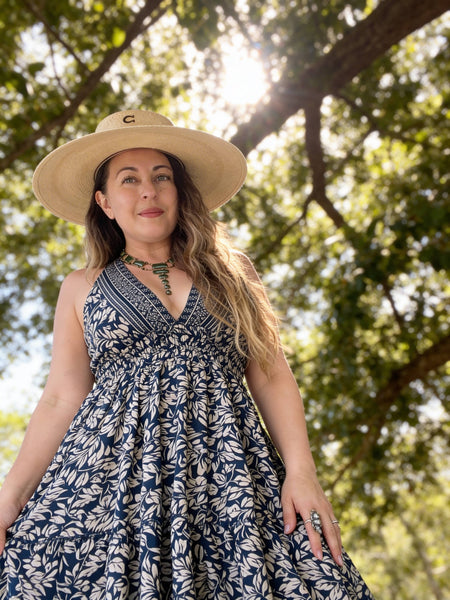 Halter Tiered Bohemian Maxi Silk Dress (navy)