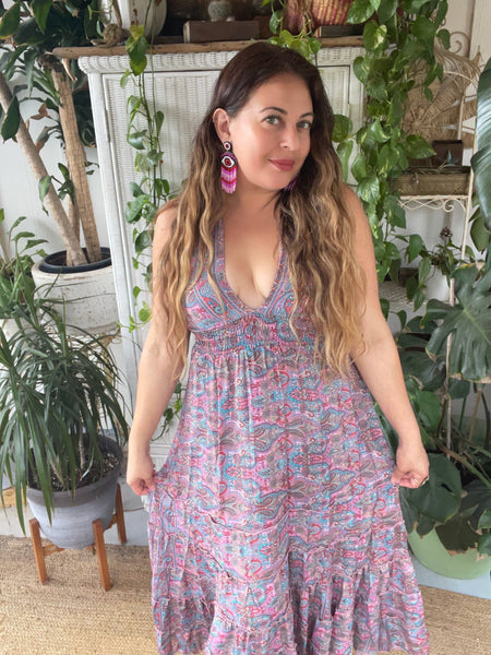 Halter Tiered Bohemian Maxi Silk Dress (Light Pink)