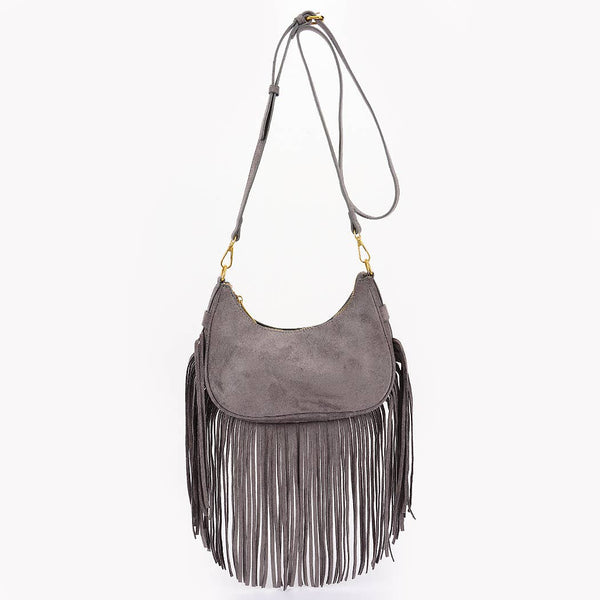 Fringe Trimmed Faux Suede Crossbody Bag