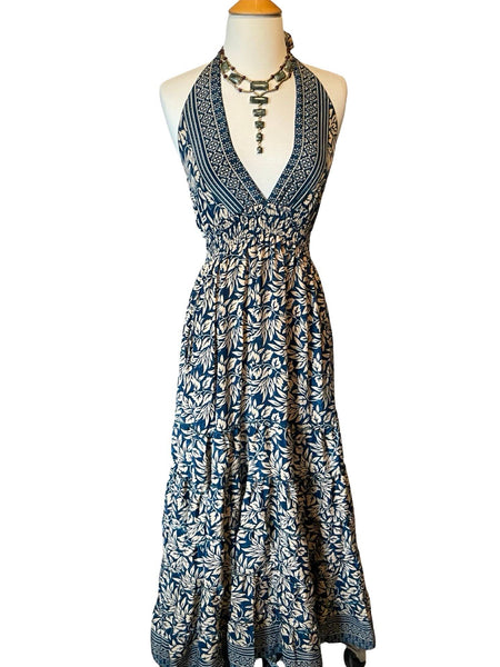 Halter Tiered Bohemian Maxi Silk Dress (navy)