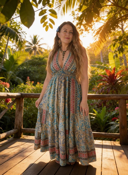 Halter Tiered Bohemian Maxi Silk Dress (blue)