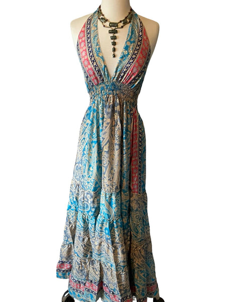 Halter Tiered Bohemian Maxi Silk Dress (blue)