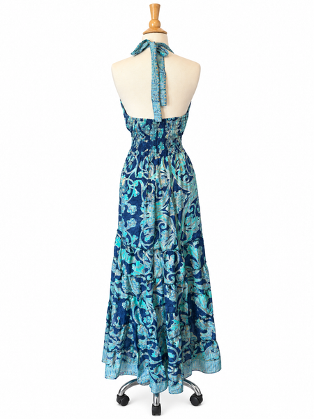 Halter Tiered Bohemian Maxi Silk Dress (blue)