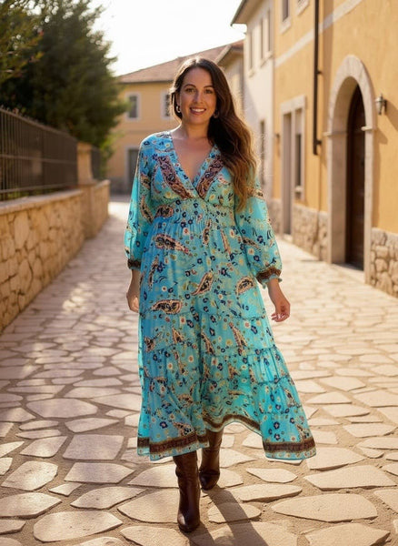 Long sleeve Bohemian Tiered Maxi Silk Dress (Turquoise)