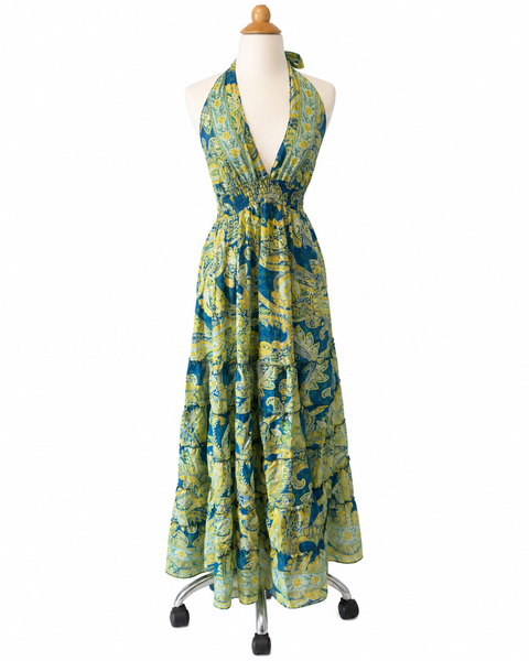 Halter Tiered Bohemian Maxi Silk Dress (blue n yellow)