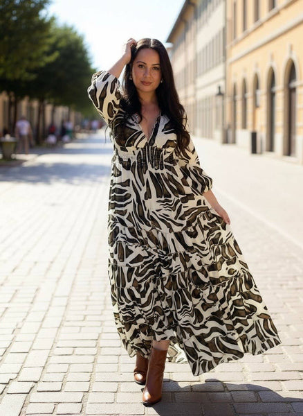 Long sleeve Bohemian Tiered Maxi Silk Dress