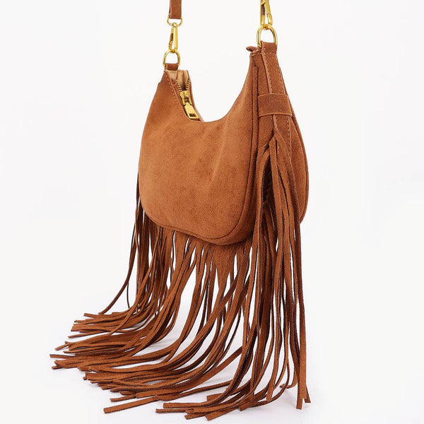 Fringe Trimmed Faux Suede Crossbody Bag