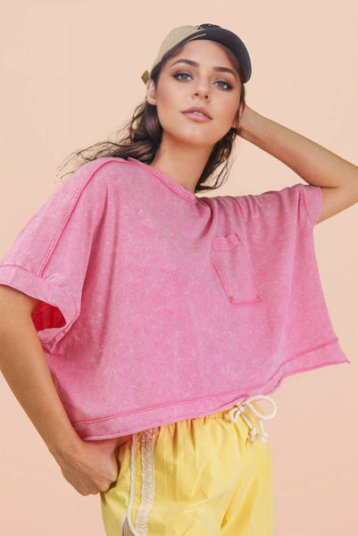 NT11429-Mineral Washed Oversized Crop Comfy Knit Top