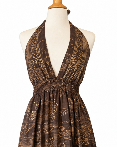 Halter Tiered Bohemian Maxi Silk Dress (brown)