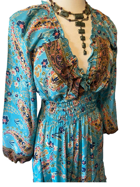 Long sleeve Bohemian Tiered Maxi Silk Dress (Turquoise)
