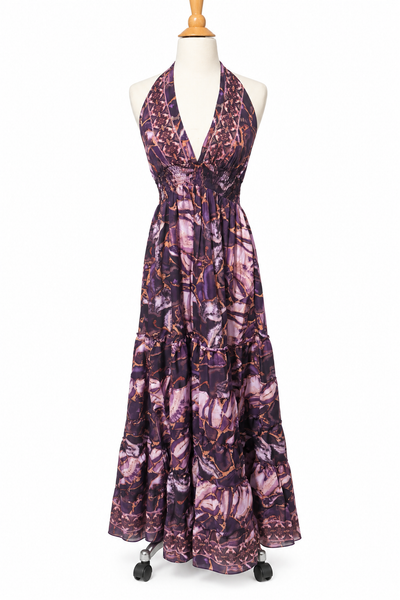 Halter Tiered Bohemian Maxi Silk Dress (purple)