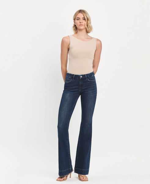 MID RISE DARK WASH FULL LENGTH FLARE JEANS