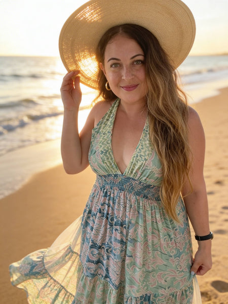 Halter Tiered Bohemian Maxi Silk Dress (green n blue)