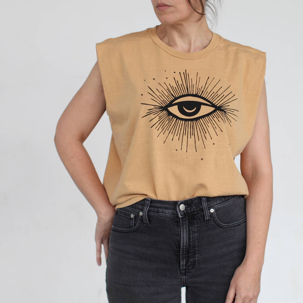 Hex Moon and Stars Cotton Muscle Tank Mustard