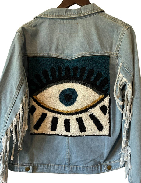 Embellished embroidered Denim fringe jacket (blue Evil eye)