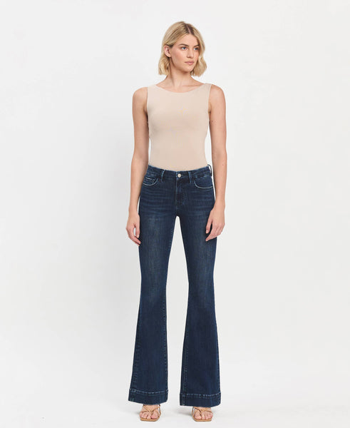 MID RISE DARK WASH FULL LENGTH FLARE JEANS