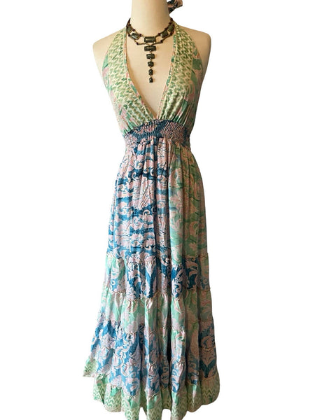 Halter Tiered Bohemian Maxi Silk Dress (green n blue)