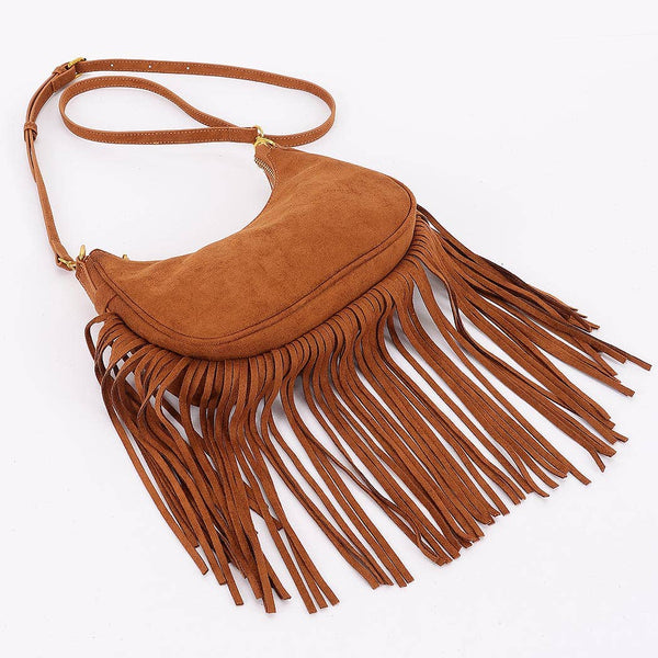 Fringe Trimmed Faux Suede Crossbody Bag
