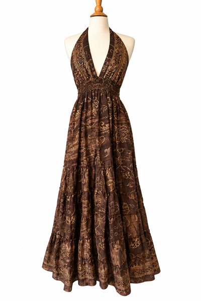 Halter Tiered Bohemian Maxi Silk Dress (brown)