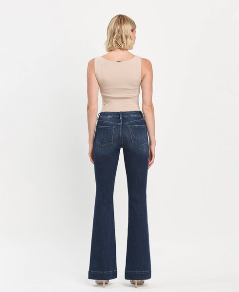 MID RISE DARK WASH FULL LENGTH FLARE JEANS