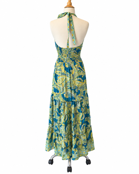 Halter Tiered Bohemian Maxi Silk Dress (blue n yellow)