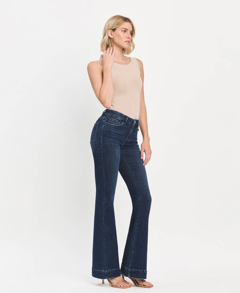 MID RISE DARK WASH FULL LENGTH FLARE JEANS
