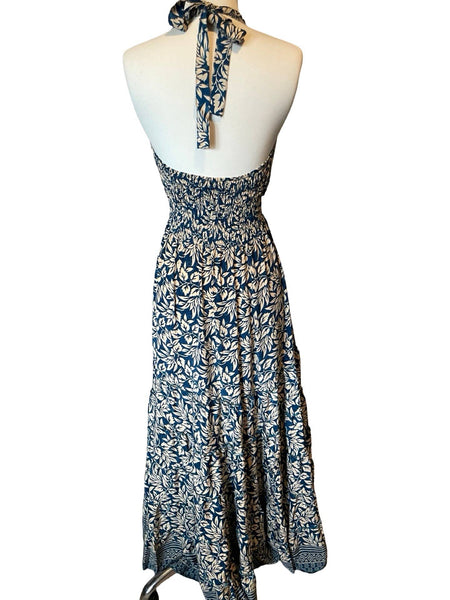 Halter Tiered Bohemian Maxi Silk Dress (navy)